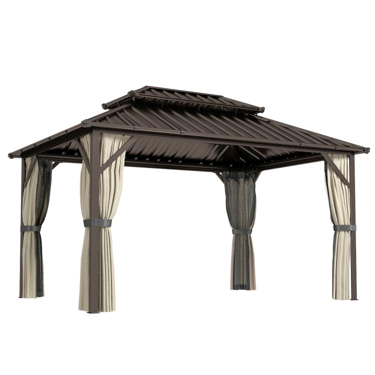 Hardtop gazebo with dark roof, beige curtains, and open front with frame