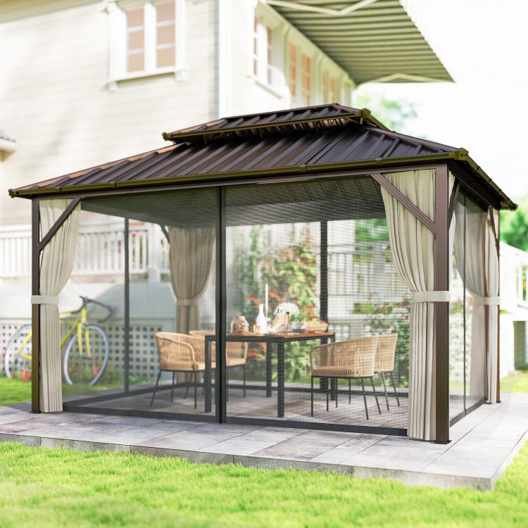 Outdoor hardtop gazebo with clear screen walls, draped curtains, and dining set