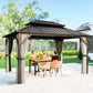 Brown hardtop gazebo with striped roof panels and hanging curtains around table