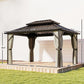 Hardtop gazebo with brown roof, curtains, and standing size measurement diagram