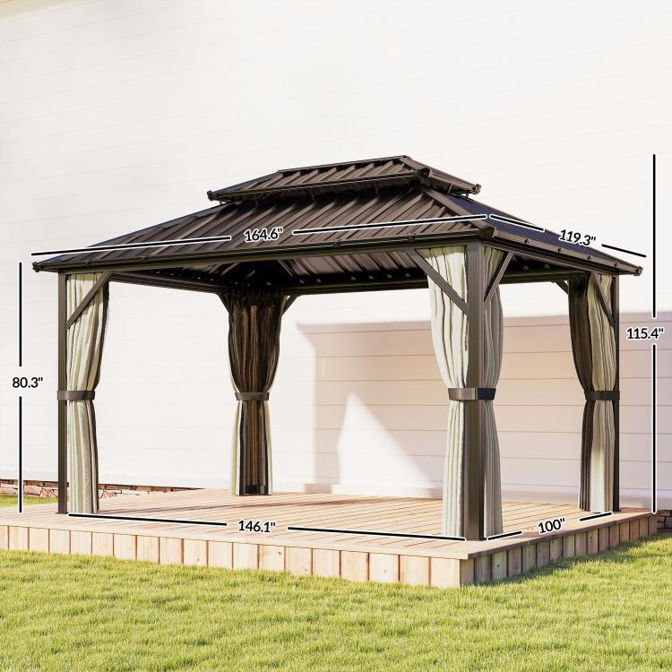 Hardtop gazebo with brown roof, curtains, and standing size measurement diagram