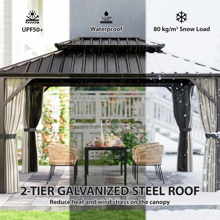 Hardtop gazebo with beige curtains and two-tier galvanized steel roof canopy