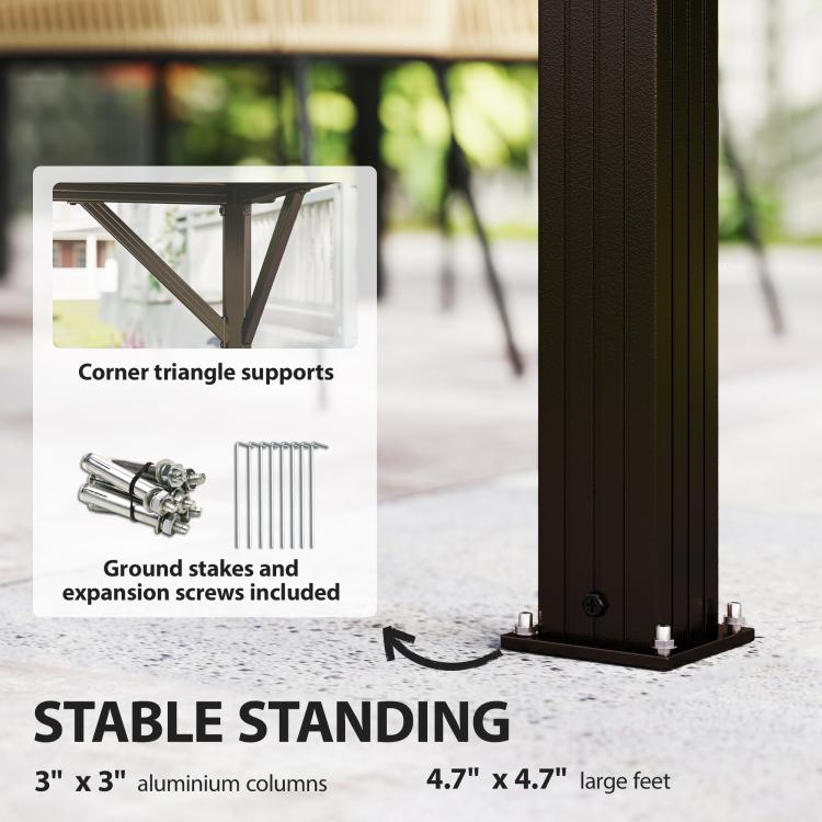 Gazebo corner support with U-brackets and included ground stakes with expansion screws