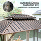 Gazebo roof close-up with draped curtains and mesh curtain panels at sides