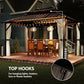 Hardtop gazebo with hanging lights and curtains, showing top hook points under eaves
