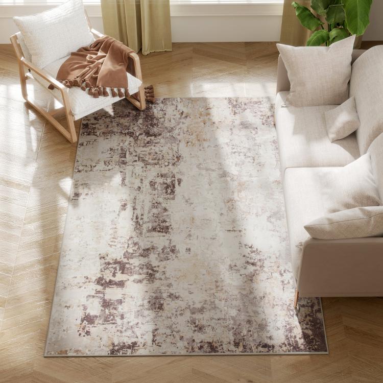 Abstract area rug, light background with brown distressed pattern, 4x6 size