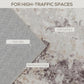 Corner detail of abstract area rug, light fabric texture with brown distressed print