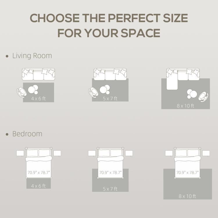 Abstract area rug size guide graphic with light base and brown distressed pattern