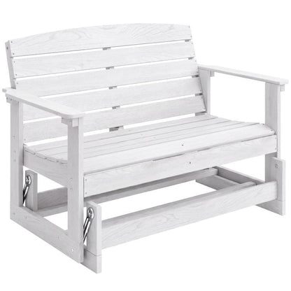 Distressed white slatted glider bench with double rocking base and armrests