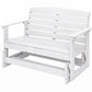 Distressed white slatted glider bench with armrests and visible rocking mechanism
