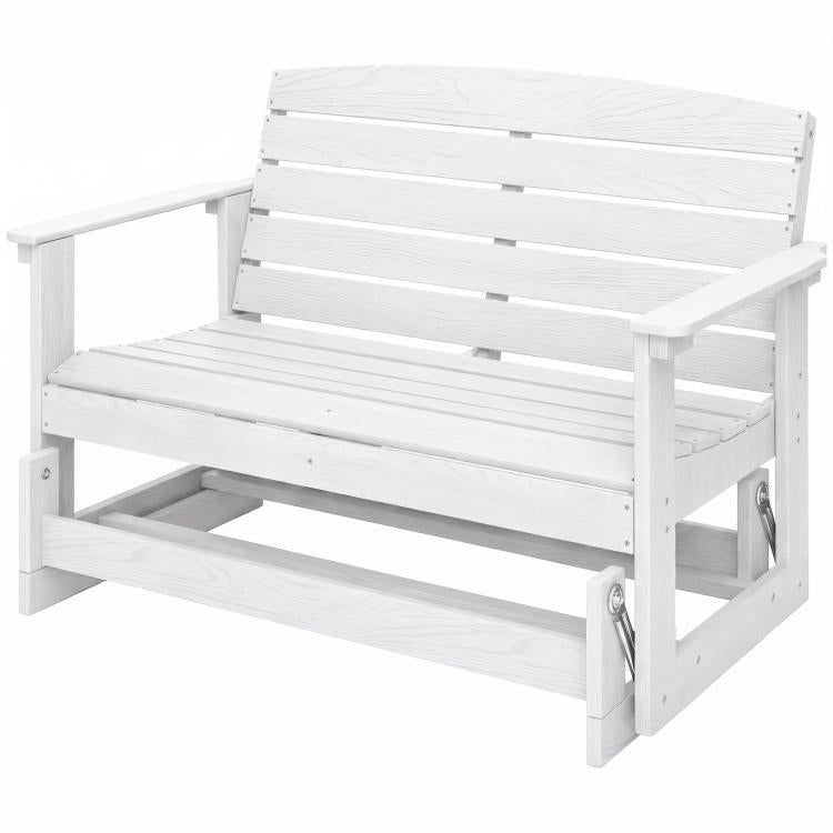 Distressed white slatted glider bench with armrests and visible rocking mechanism