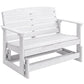 Distressed white slatted patio rocking bench with armrests and rock base