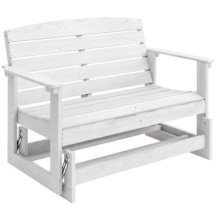 Distressed white slatted patio rocking bench with armrests and rock base