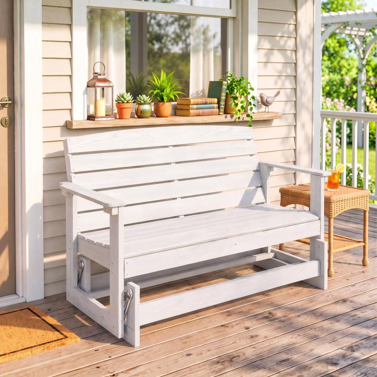 Distressed white slatted glider bench with wide seat, backrest, and armrests