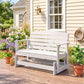 Distressed white slatted glider bench with backrest and sturdy wide rocking base