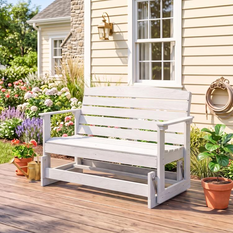 Distressed white slatted glider bench with backrest and sturdy wide rocking base