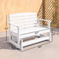 Distressed white slatted glider bench showing seat and back slats