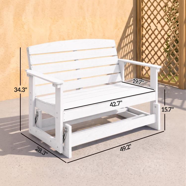 Distressed white slatted glider bench showing seat and back slats