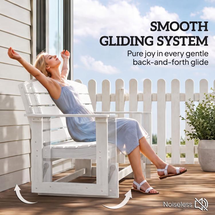 Distressed white slatted glider bench with armrests and rocking base, person seated