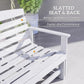 Distressed white slatted seat and back glider bench with rocking base details