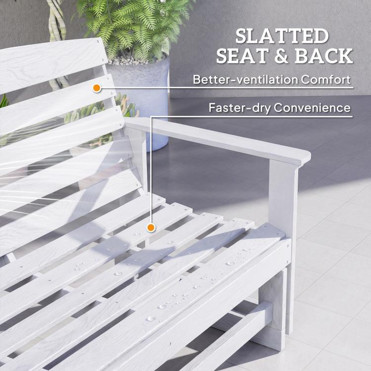 Distressed white slatted seat and back glider bench with rocking base details