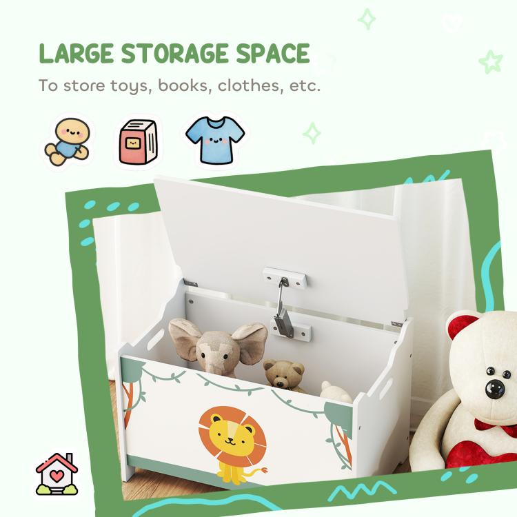 Kids toy storage chest with open lid, lion front graphic, spacious interior
