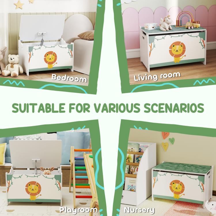 Kids toy storage chest shown in multiple rooms, lion front graphic