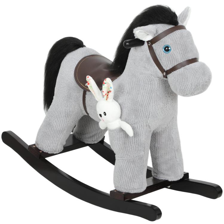 Gray plush rocking horse ride-on with black mane, brown saddle, and bunny plush