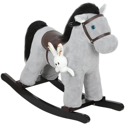 Gray plush rocking horse ride-on with black mane, brown saddle, and bunny plush