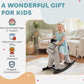 Gray plush rocking horse for toddlers with padded saddle and black rocking runners