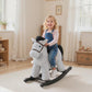 Gray plush rocking horse ride-on with brown saddle and black mane, child standing onboard