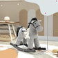 Gray plush rocking horse ride-on with bunny topper and brown saddle on black base