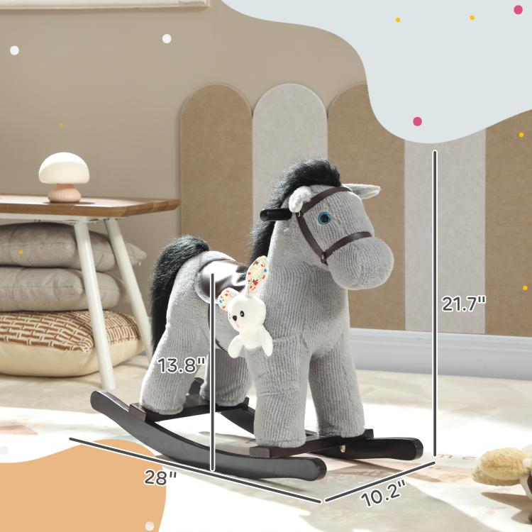 Gray plush rocking horse ride-on with bunny topper and brown saddle on black base