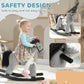 Gray plush rocking horse ride-on with bunny accessory, child holding the handle