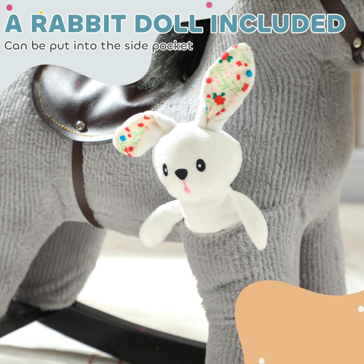 Gray plush rocking horse head with bunny doll accessory attached to side pocket
