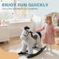 Gray plush rocking horse ride-on with brown saddle, toddler playing indoors