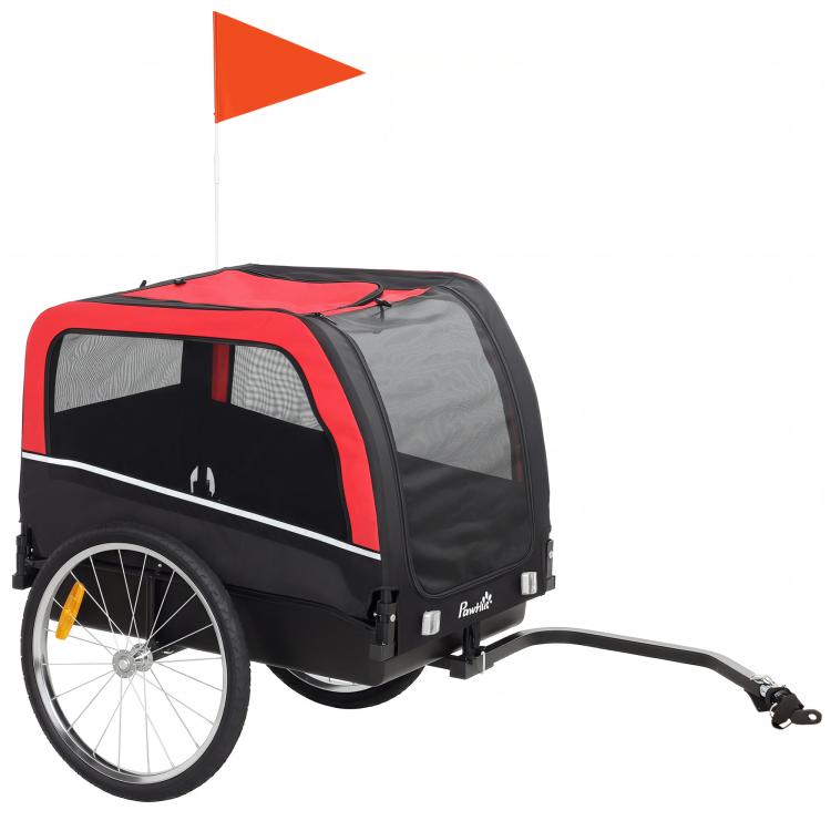 Red and black dog bike trailer with mesh sides and curved hitch tow bar