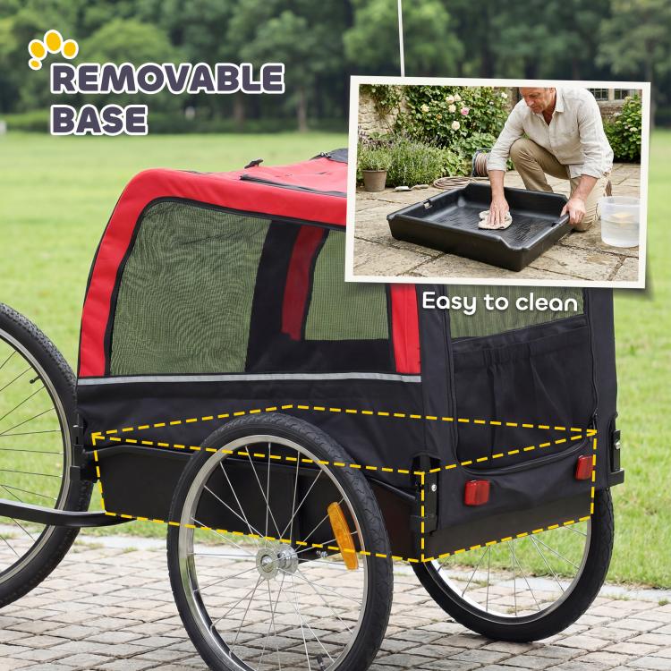 Dog bike trailer with removable base panel and easy-clean side fabric