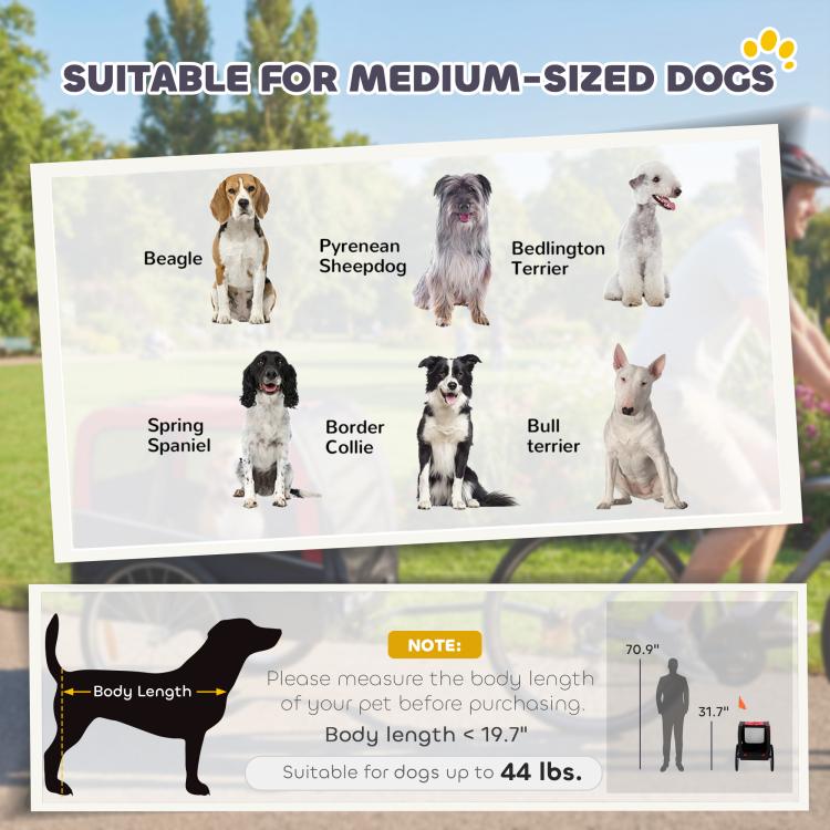 Dog bike trailer sizing chart for medium-size dogs and body-length guidance