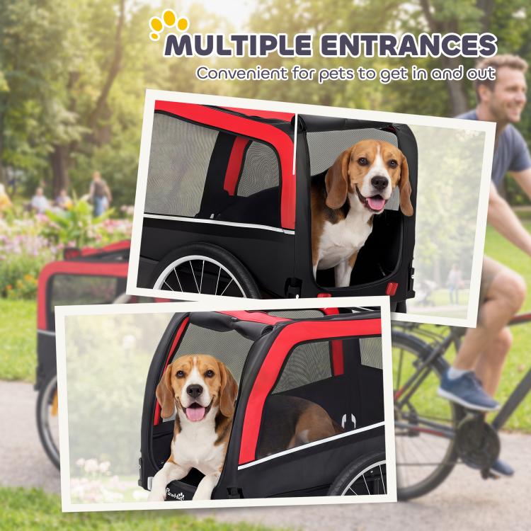 Dog bike trailer with multiple entry openings and mesh front viewing panel