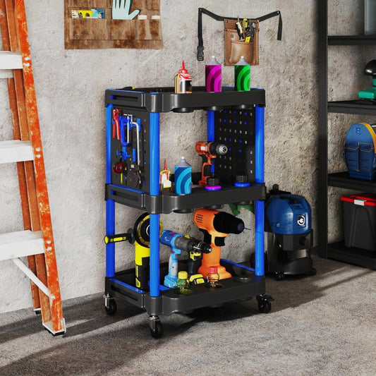 3-tier tool cart with side pegboards, black shelves and dark blue legs, on caster wheels.