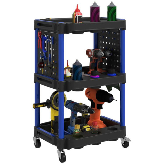 3-tier rolling tool cart, black and dark blue plastic with side pegboards and caster wheels.