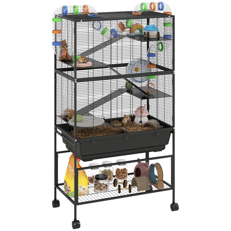 5-tier wire pet cage with deep tray, ramps, and tube-style toy system