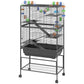 Multi-level wire pet cage with black base tray and storage shelf