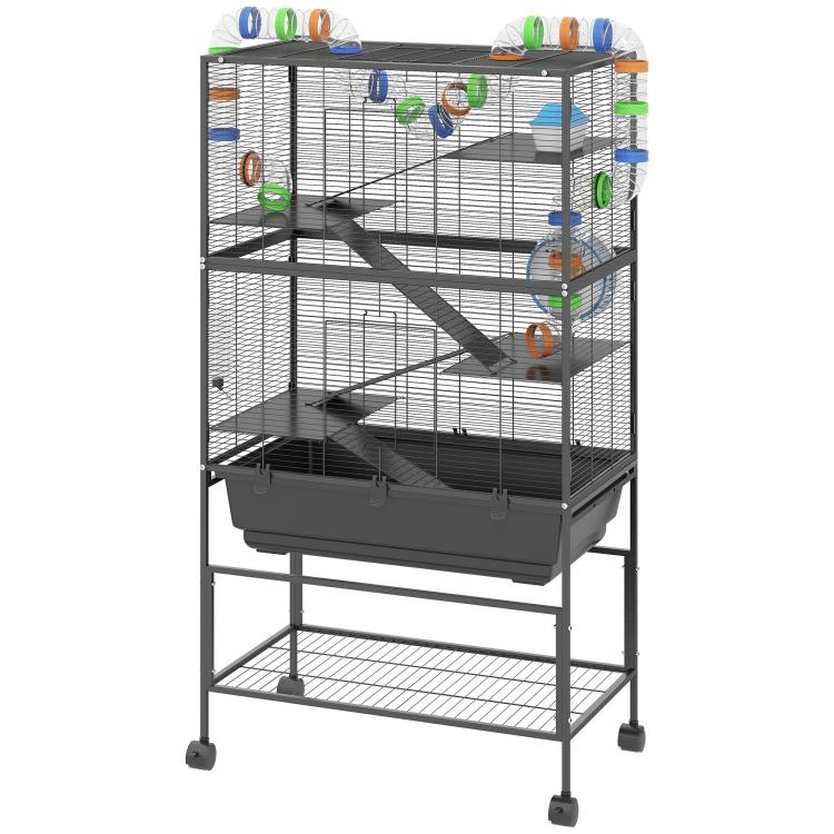 Multi-level wire pet cage with black base tray and storage shelf