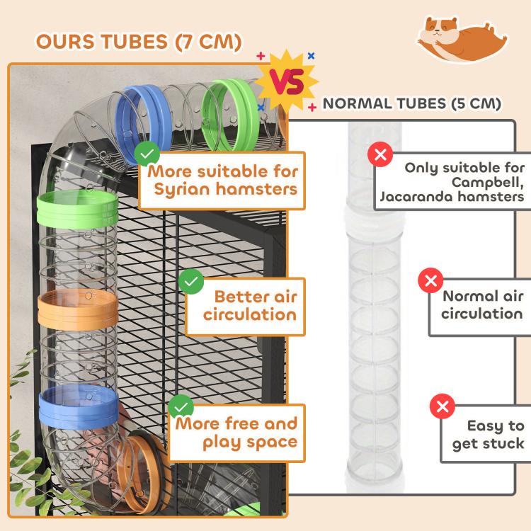 Multi-tier hamster cage with deep tray, exercise wheel, and connected tube tunnels