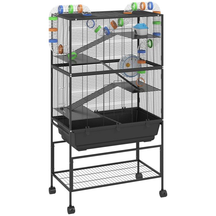 Black rolling multi-level hamster cage with deep tray, shelves, and tube system