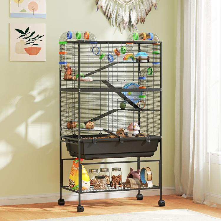 Five-story wire hamster cage with ramps, platforms, and assorted wheel and tubes