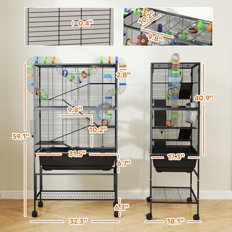 Measured view of a multi-level pet cage with deep tray and storage shelf