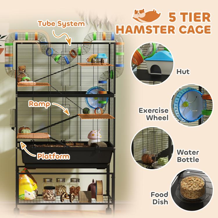 5-tier hamster cage features ramp, platform, tube system, and exercise wheel